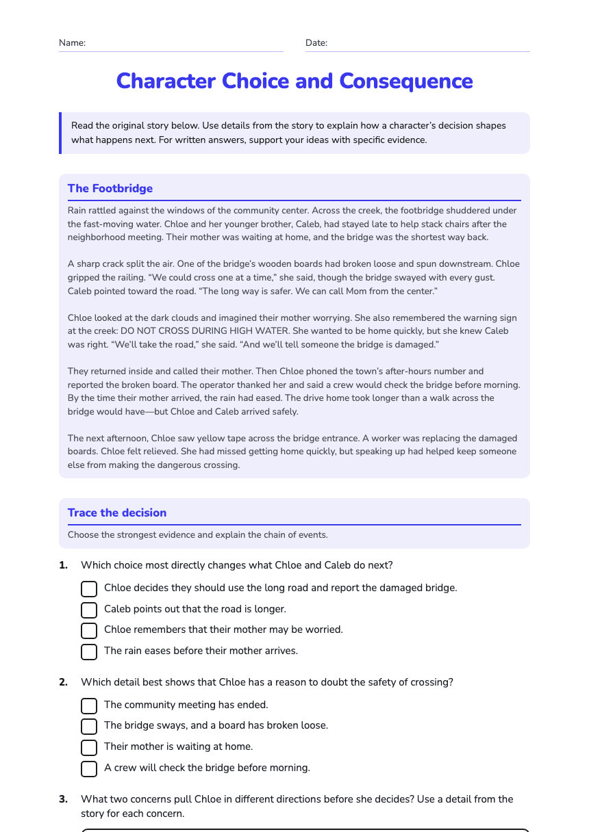 Character Choice and Consequence worksheet preview