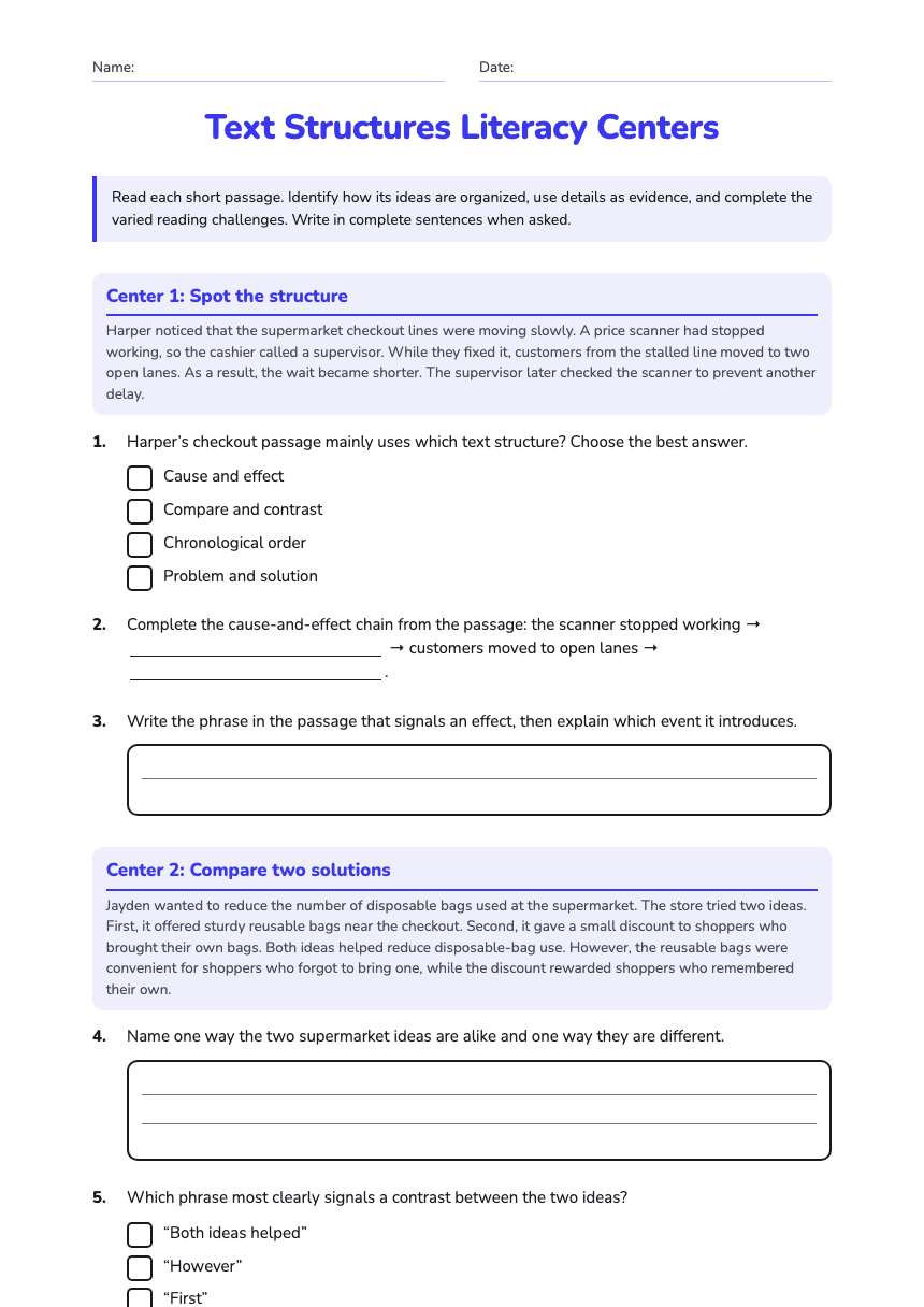 Text Structures Literacy Centers worksheet preview