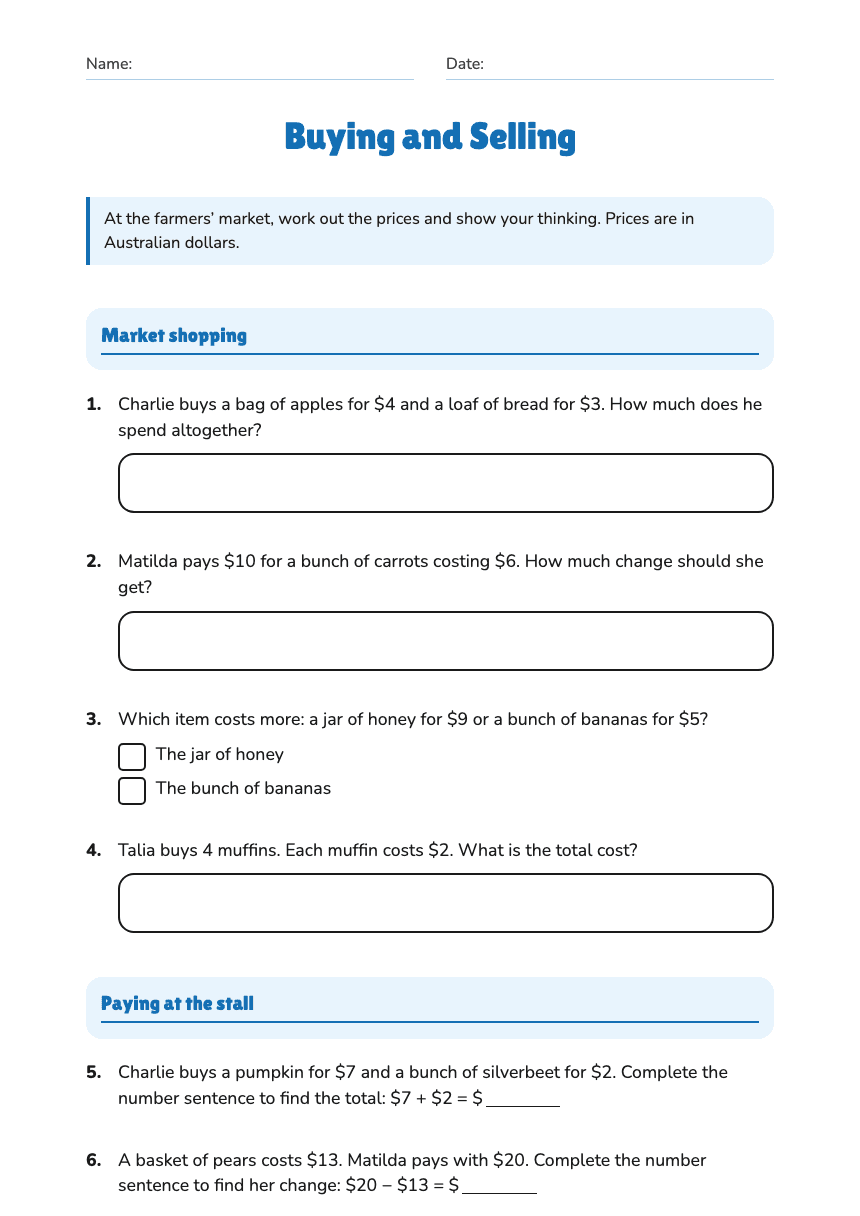 Buying and Selling worksheet preview
