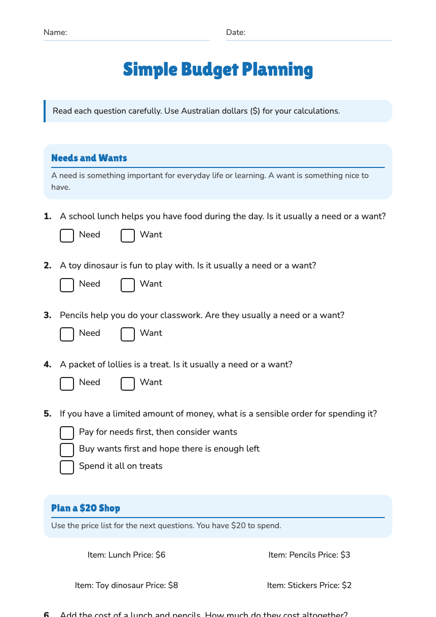 Simple Budget Planning worksheet preview