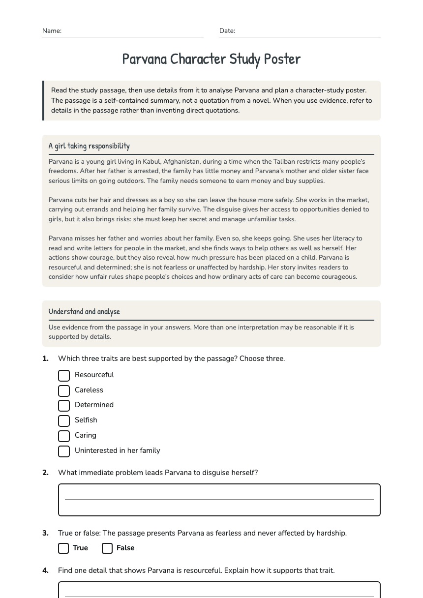 Parvana Character Study Poster worksheet preview