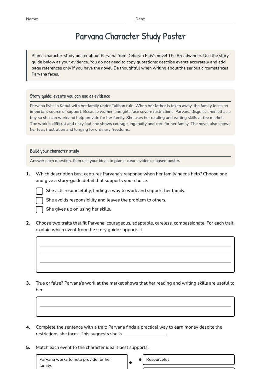 Parvana Character Study Poster worksheet preview