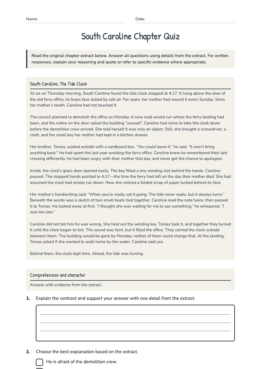 South Caroline Chapter Quiz worksheet preview