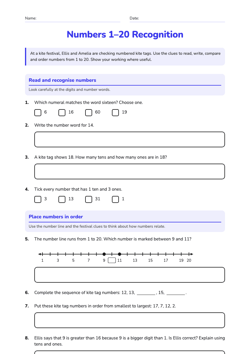Numbers 1–20 Recognition worksheet preview
