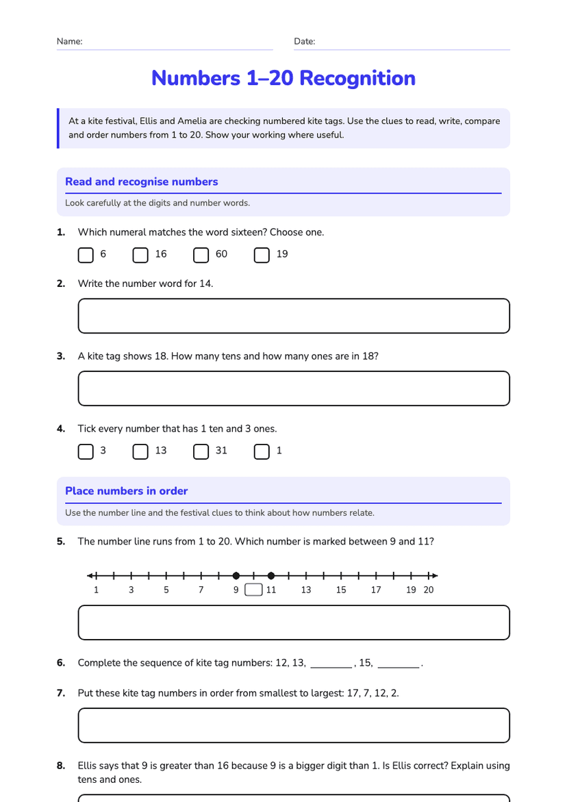 Numbers 1–20 Recognition