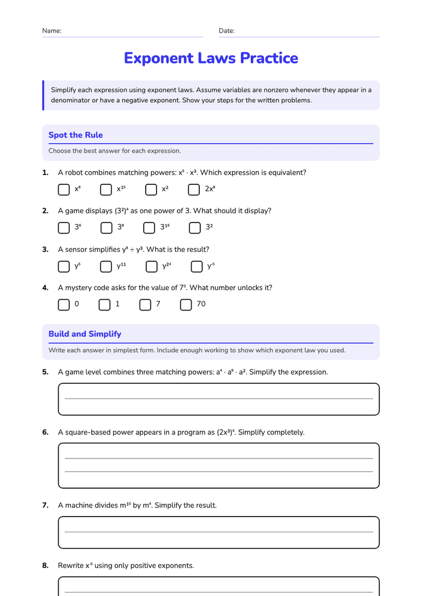 Exponent Laws Practice