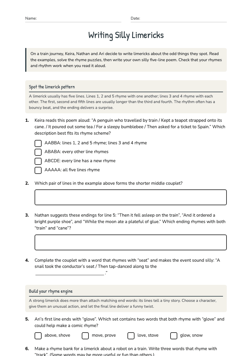 Writing Silly Limericks worksheet preview