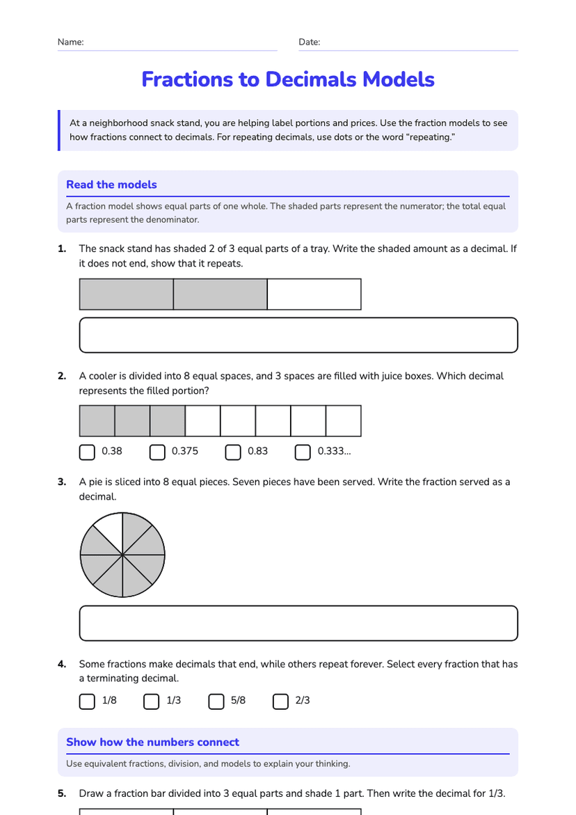 Fractions to Decimals Models