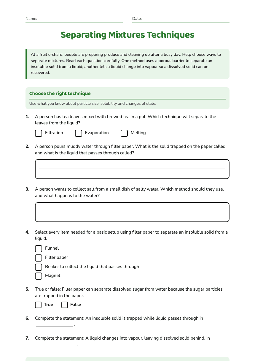 Separating Mixtures Techniques worksheet preview