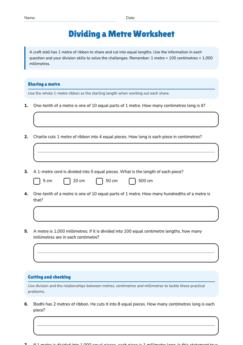 Dividing a Metre Worksheet