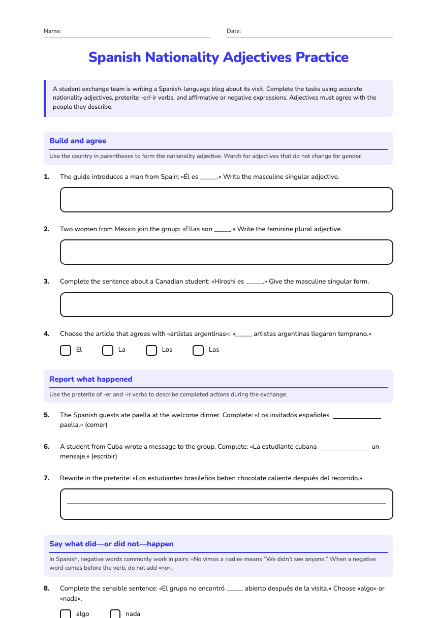 Spanish Nationality Adjectives Practice worksheet preview