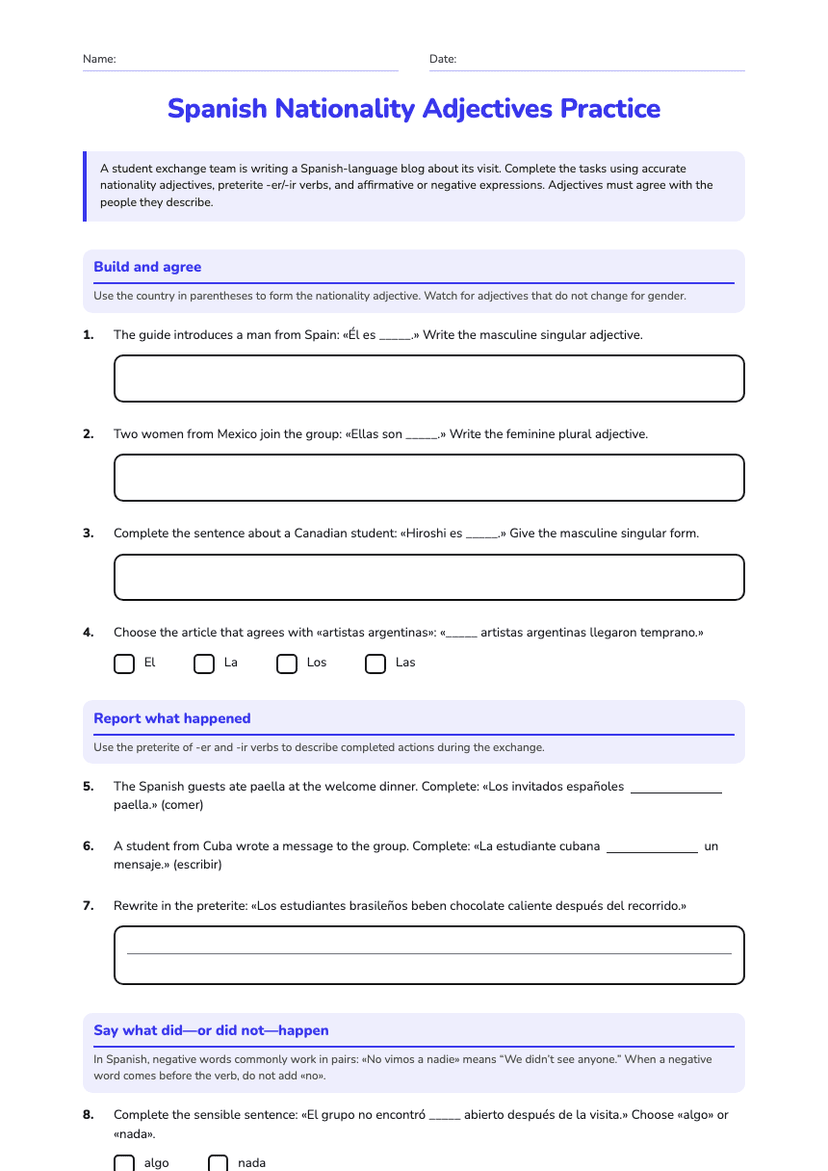 Spanish Nationality Adjectives Practice