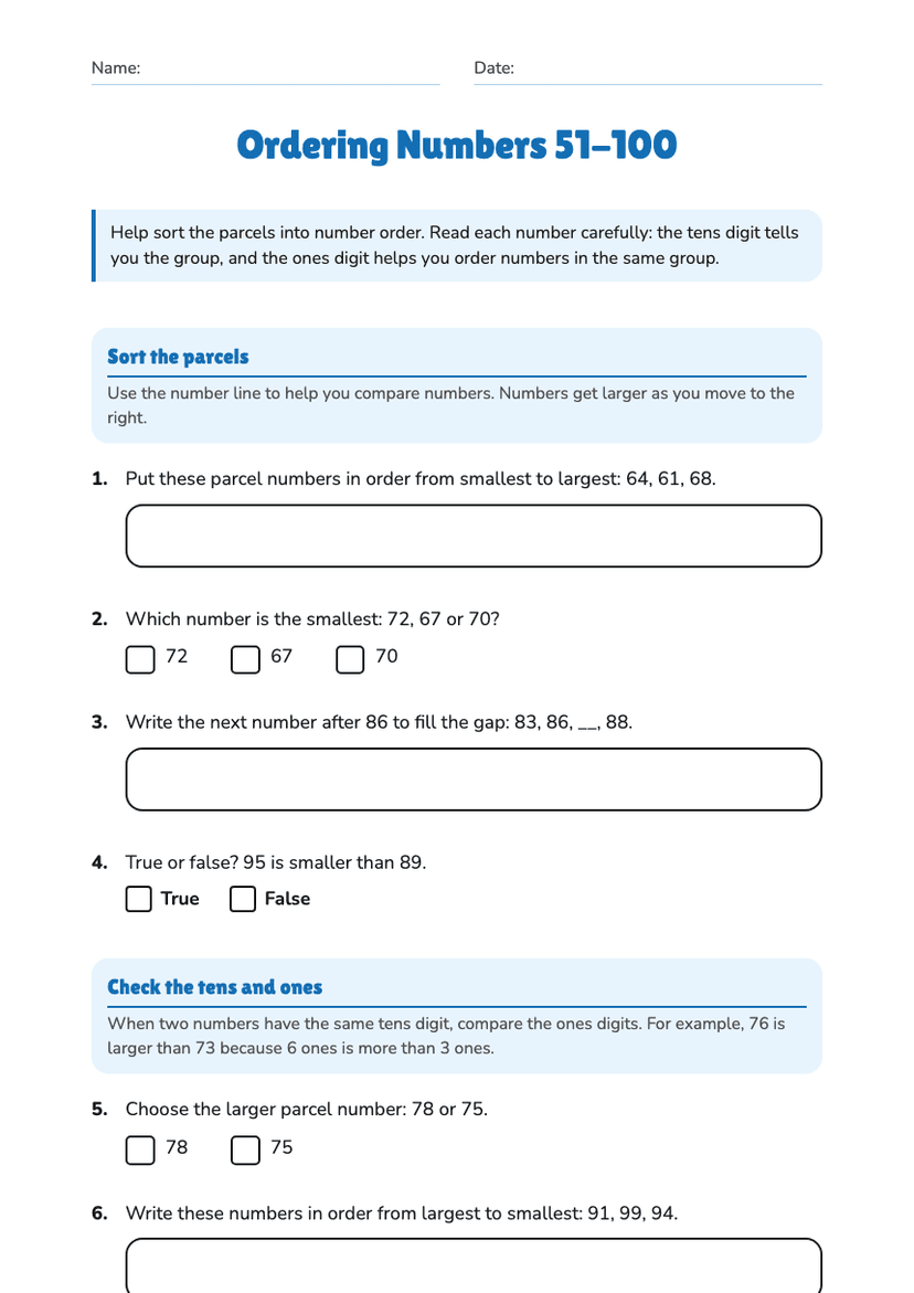 Ordering Numbers 51-100