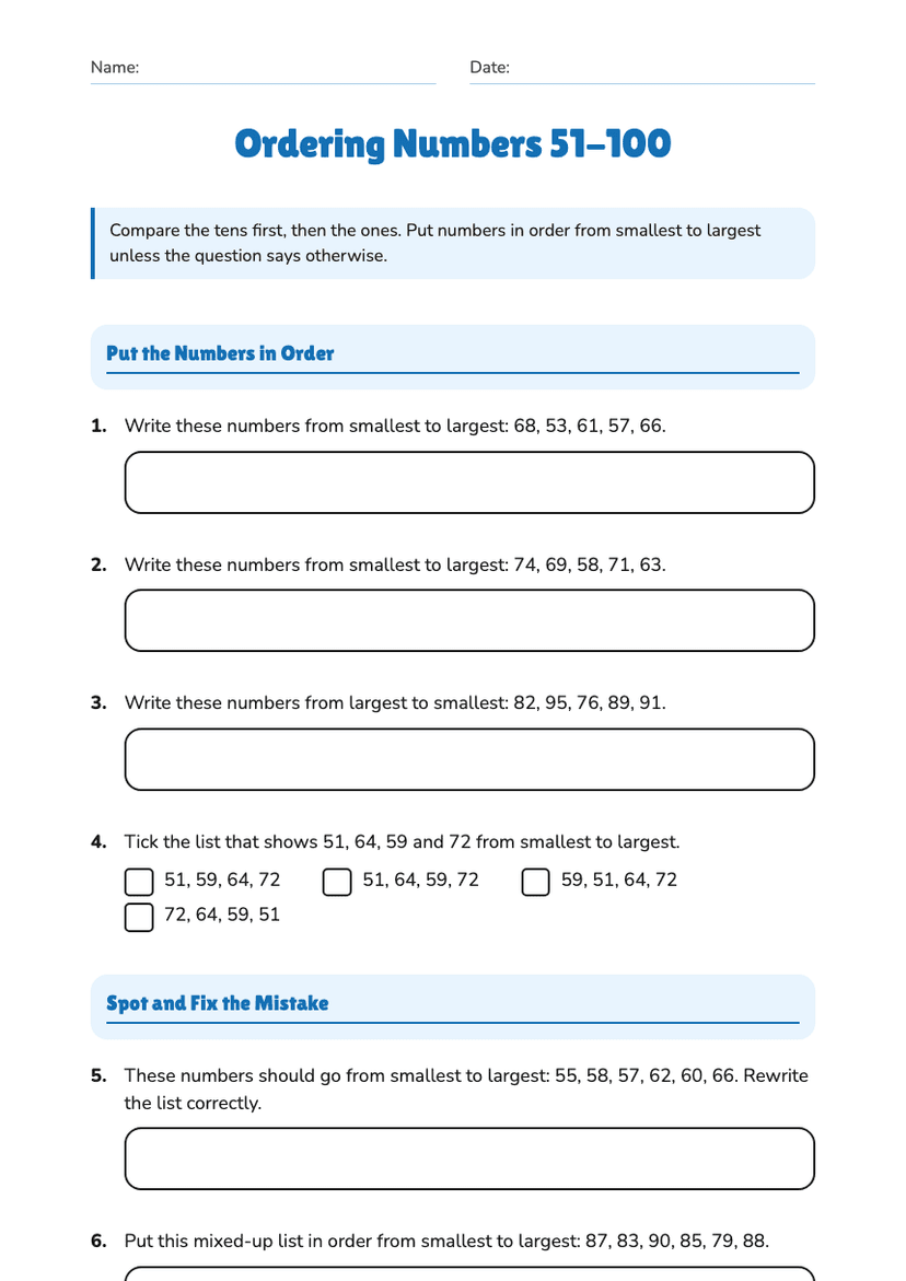 Ordering Numbers 51-100