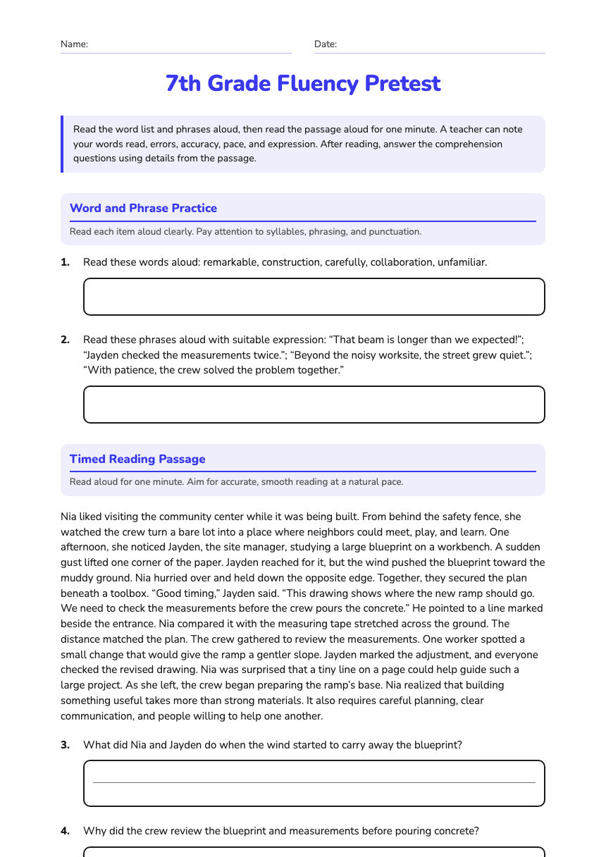 7th Grade Fluency Pretest worksheet preview
