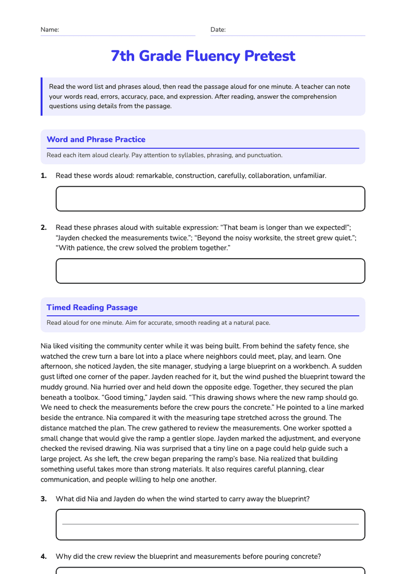 7th Grade Fluency Pretest