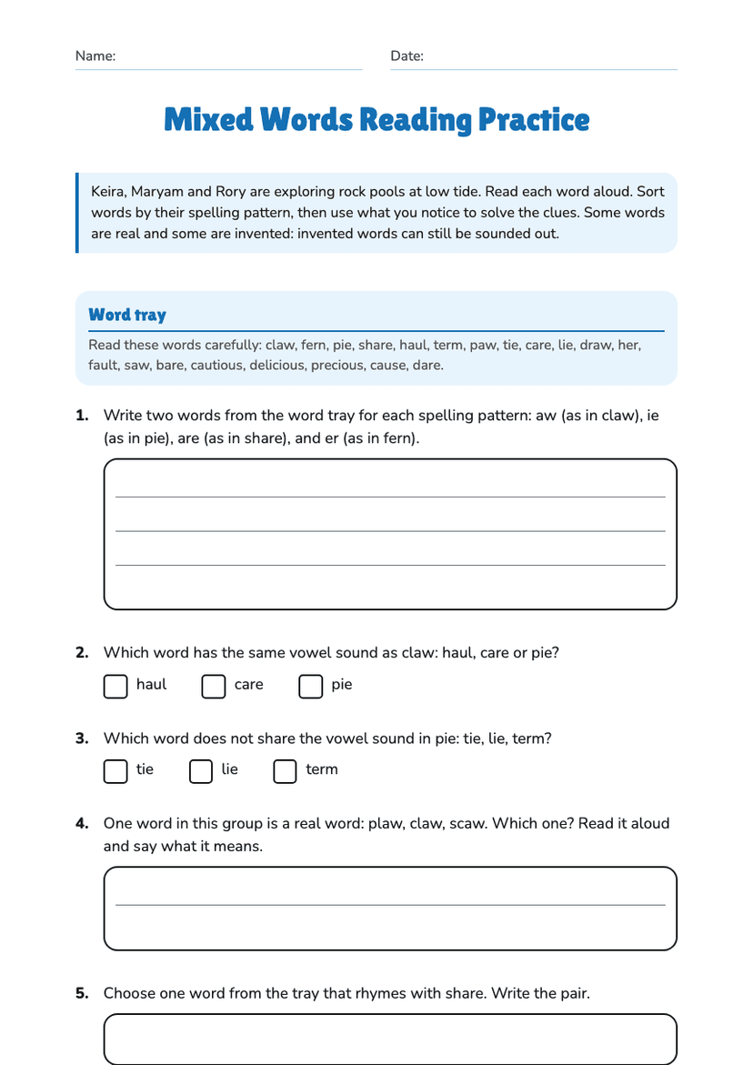 Mixed Words Reading Practice