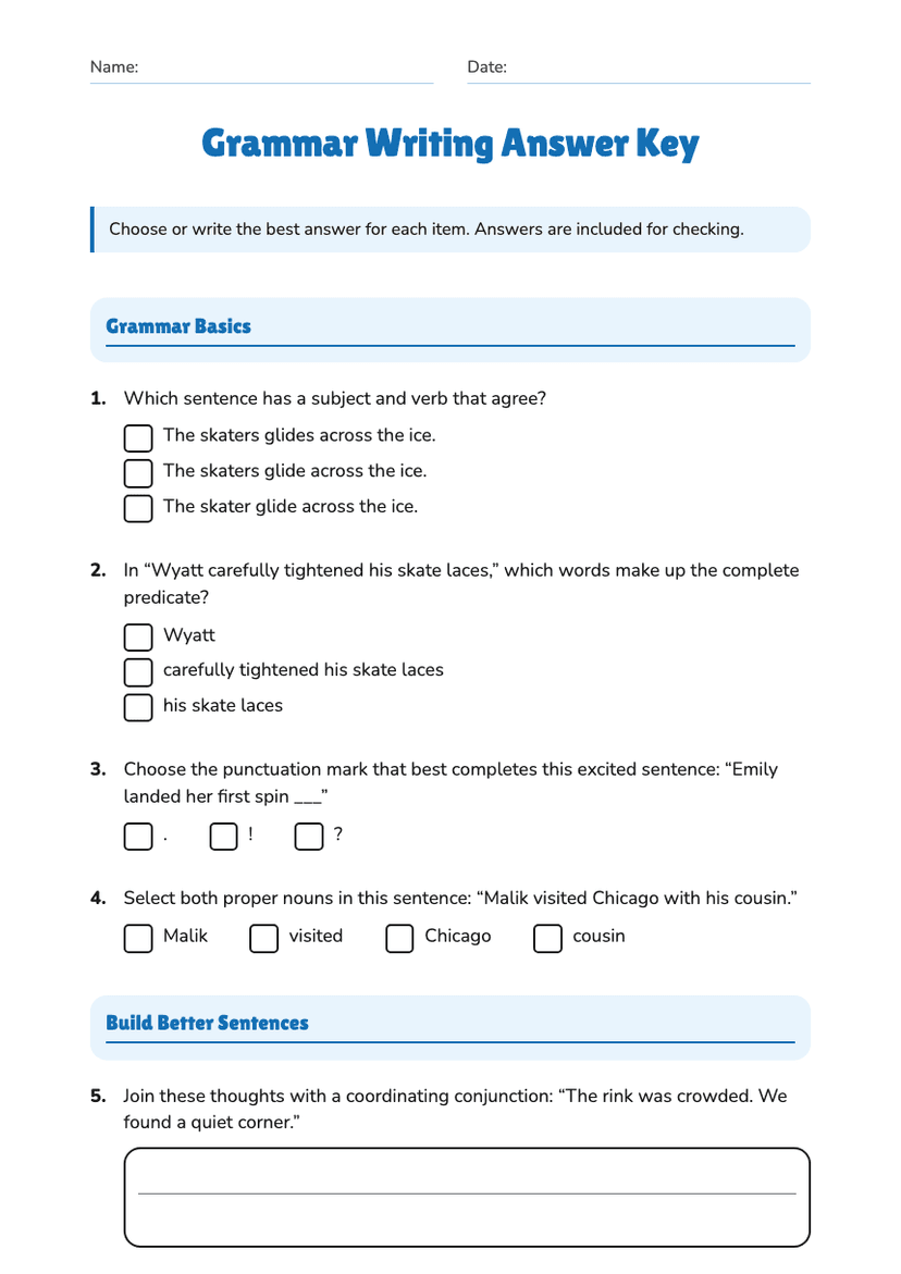 Grammar Writing Answer Key