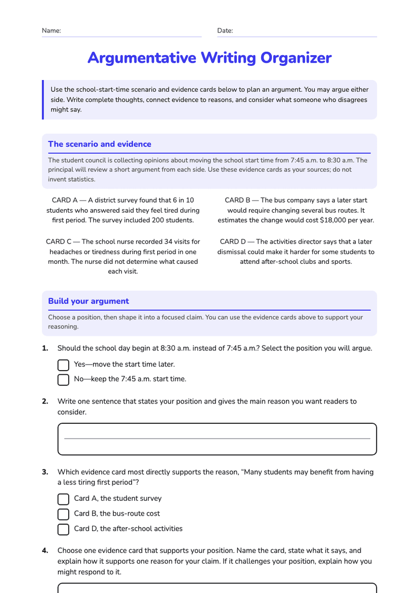 Argumentative Writing Organizer