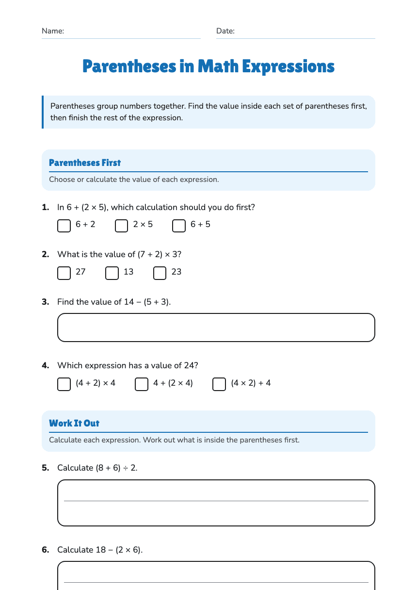 Parentheses in Math Expressions worksheet preview