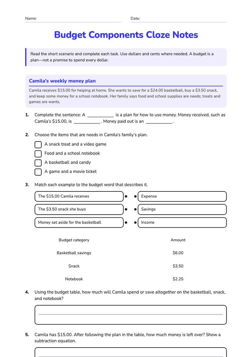 Budget Components Cloze Notes