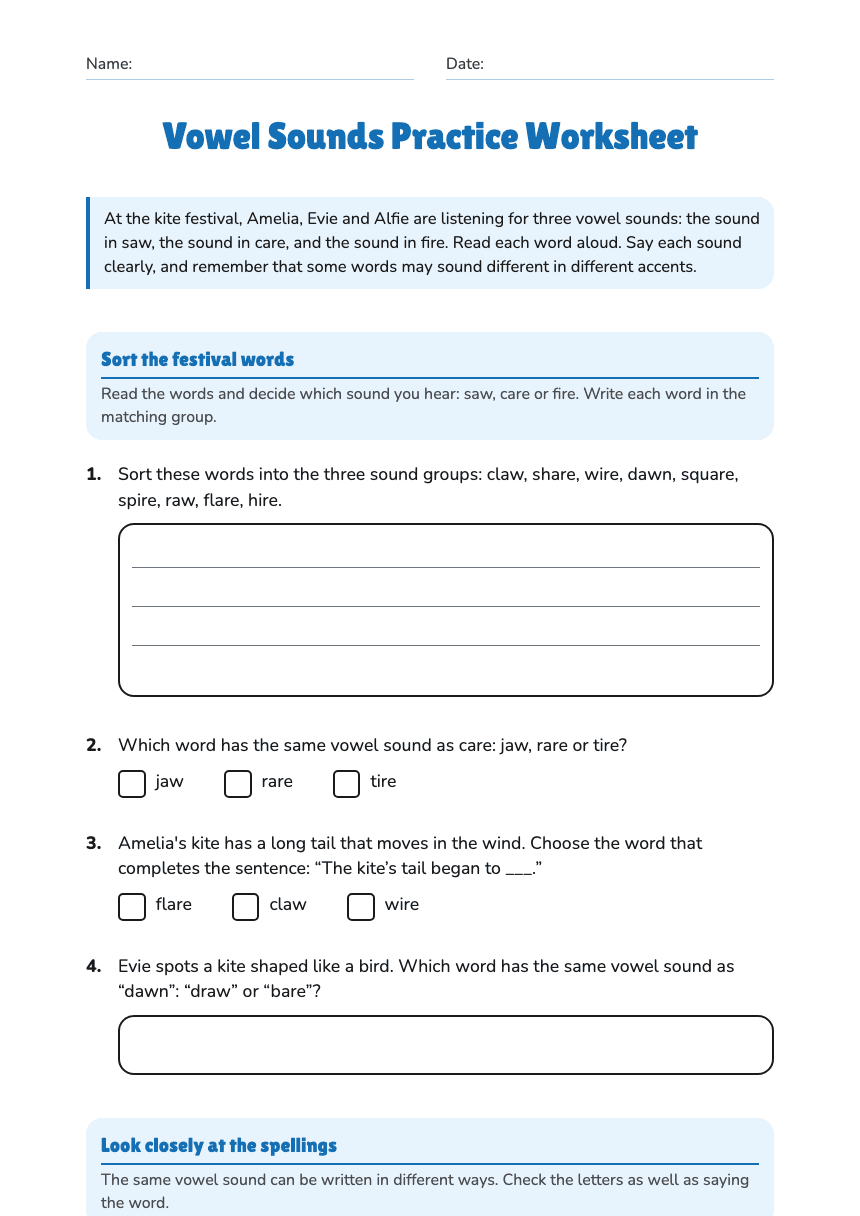 Vowel Sounds Practice Worksheet worksheet preview