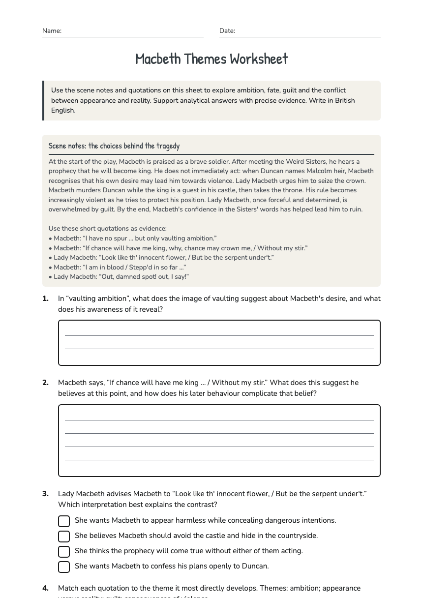 Macbeth Themes Worksheet worksheet preview