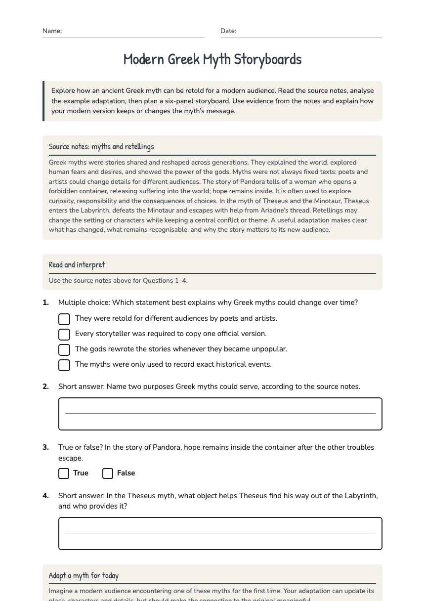 Modern Greek Myth Storyboards worksheet preview