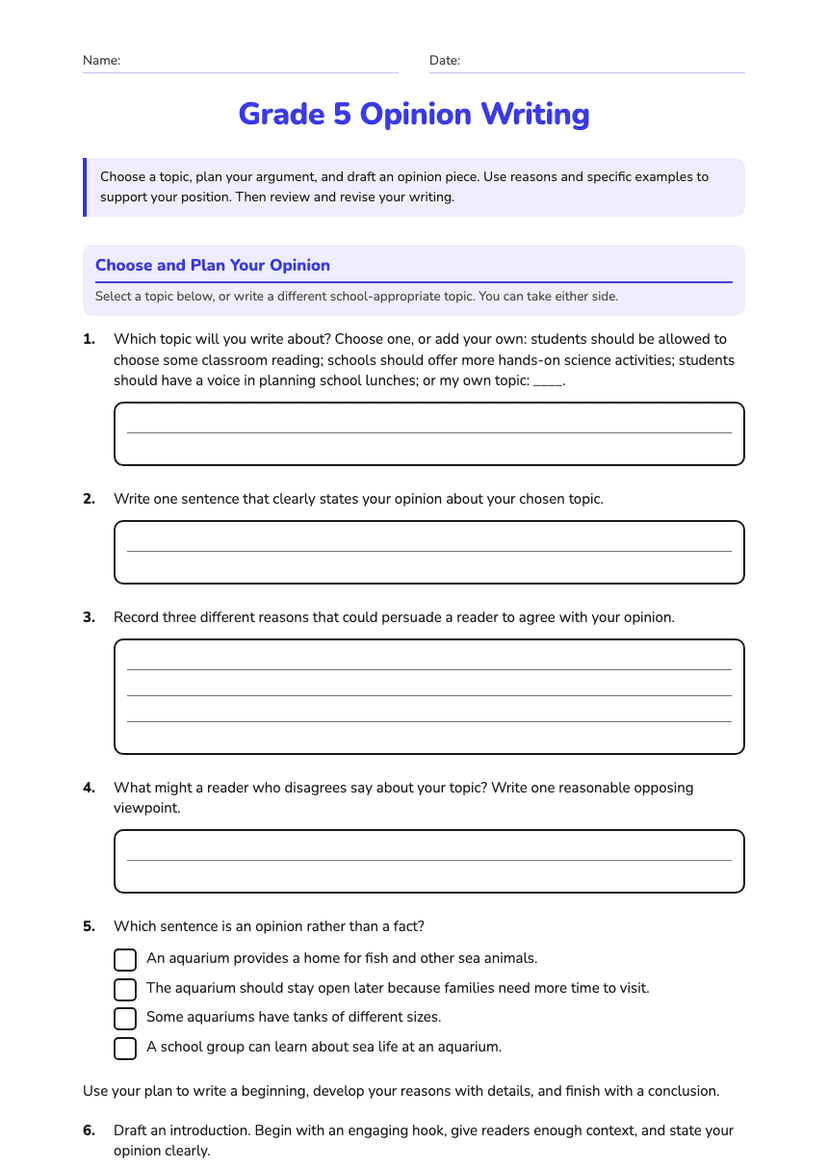 Grade 5 Opinion Writing
