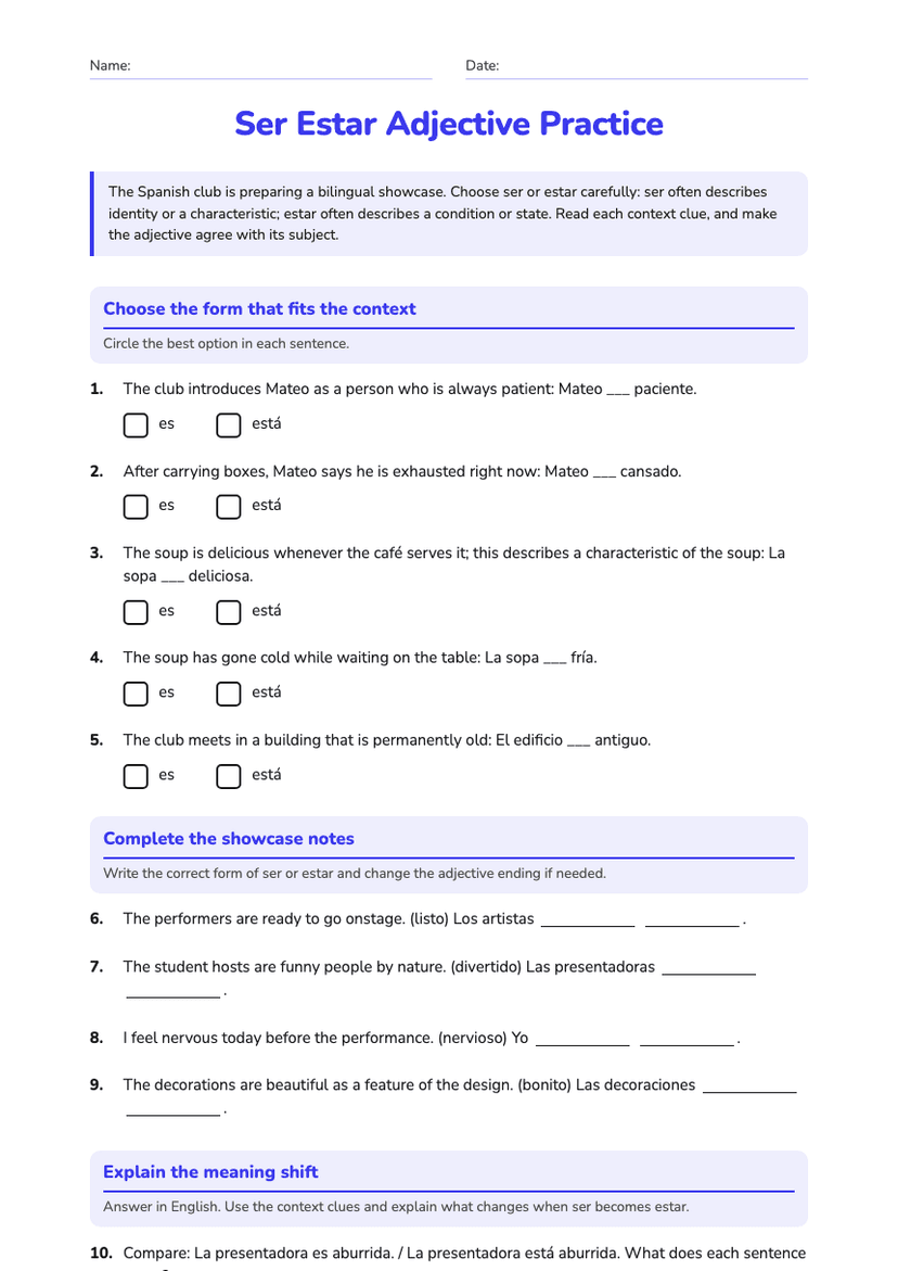 Ser Estar Adjective Practice