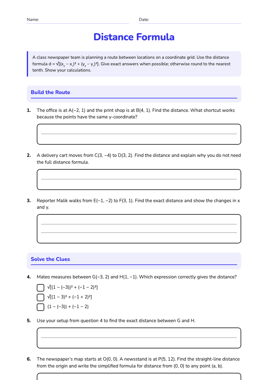 Distance Formula worksheet preview