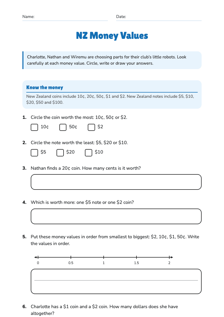 NZ Money Values worksheet preview