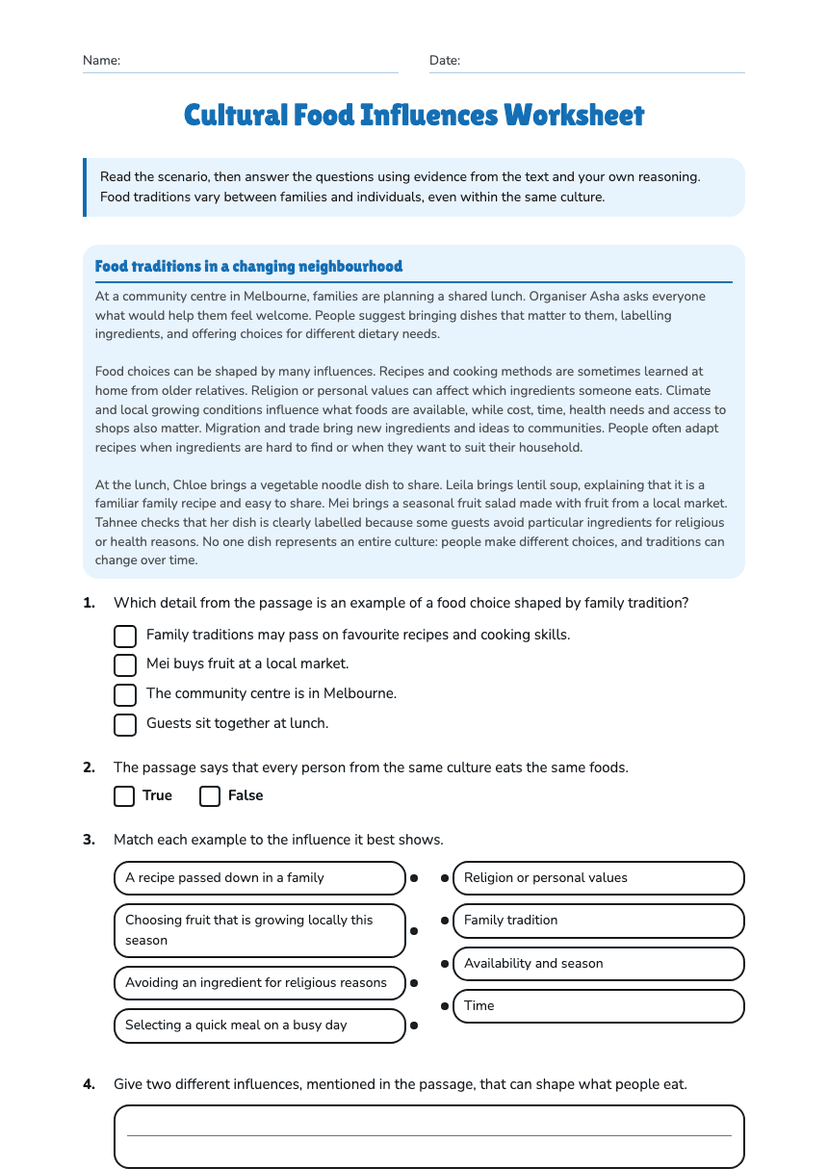 Cultural Food Influences Worksheet