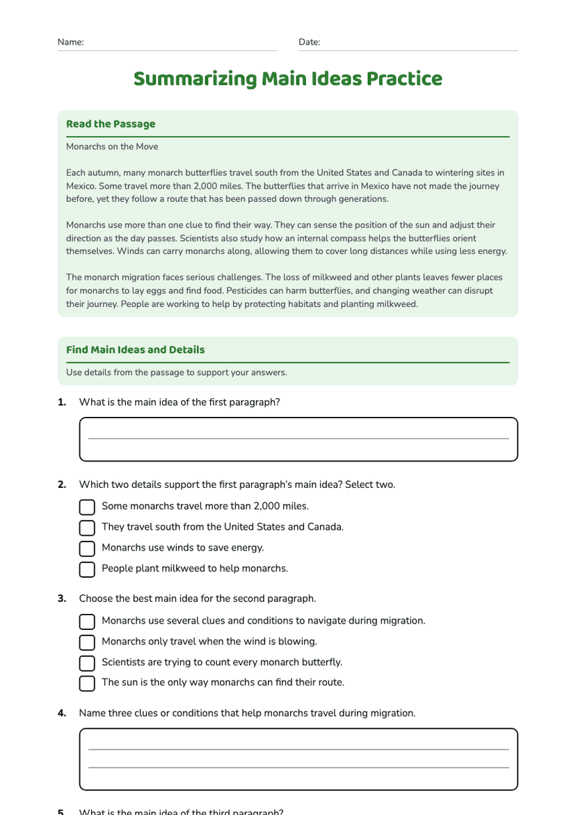 Summarizing Main Ideas Practice