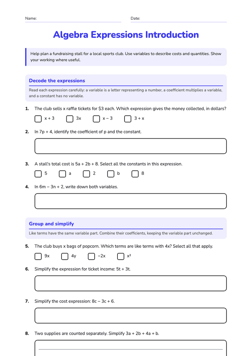 Algebra Expressions Introduction