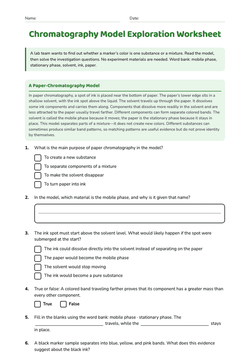 Chromatography Model Exploration Worksheet