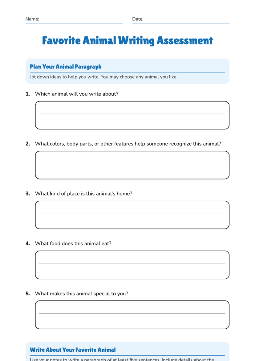 Favorite Animal Writing Assessment