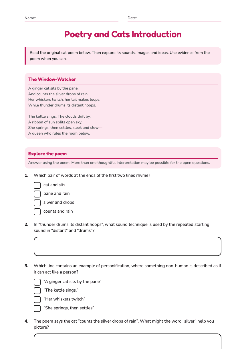 Poetry and Cats Introduction worksheet preview