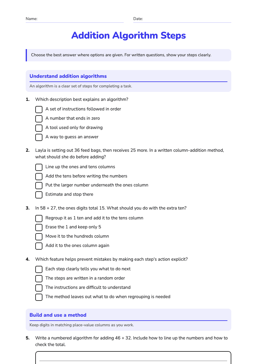Addition Algorithm Steps worksheet preview
