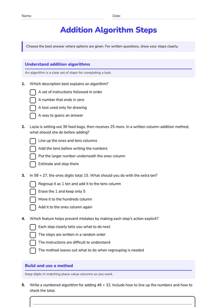 Addition Algorithm Steps
