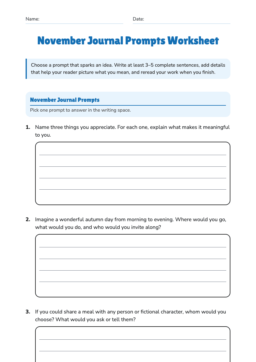 November Journal Prompts Worksheet worksheet preview