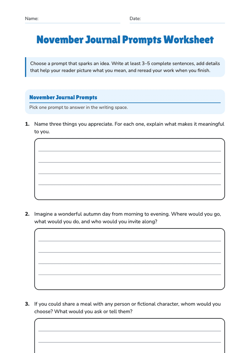November Journal Prompts Worksheet