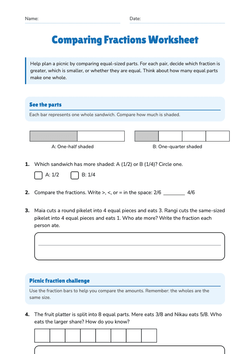 Comparing Fractions Worksheet
