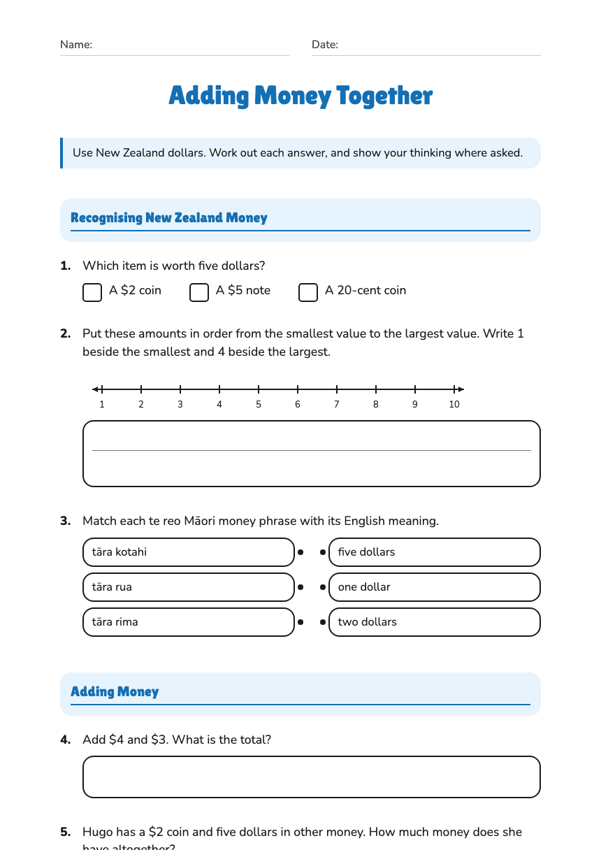 Adding Money Together worksheet preview