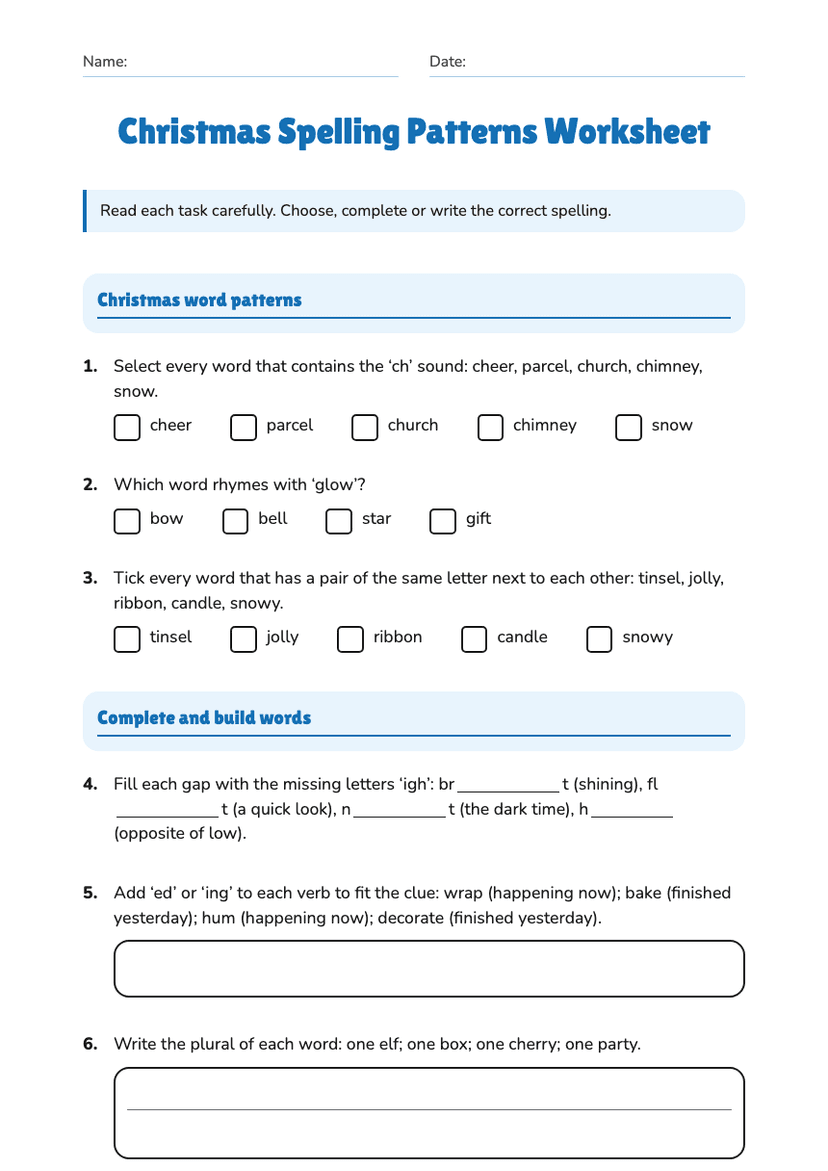 Christmas Spelling Patterns Worksheet