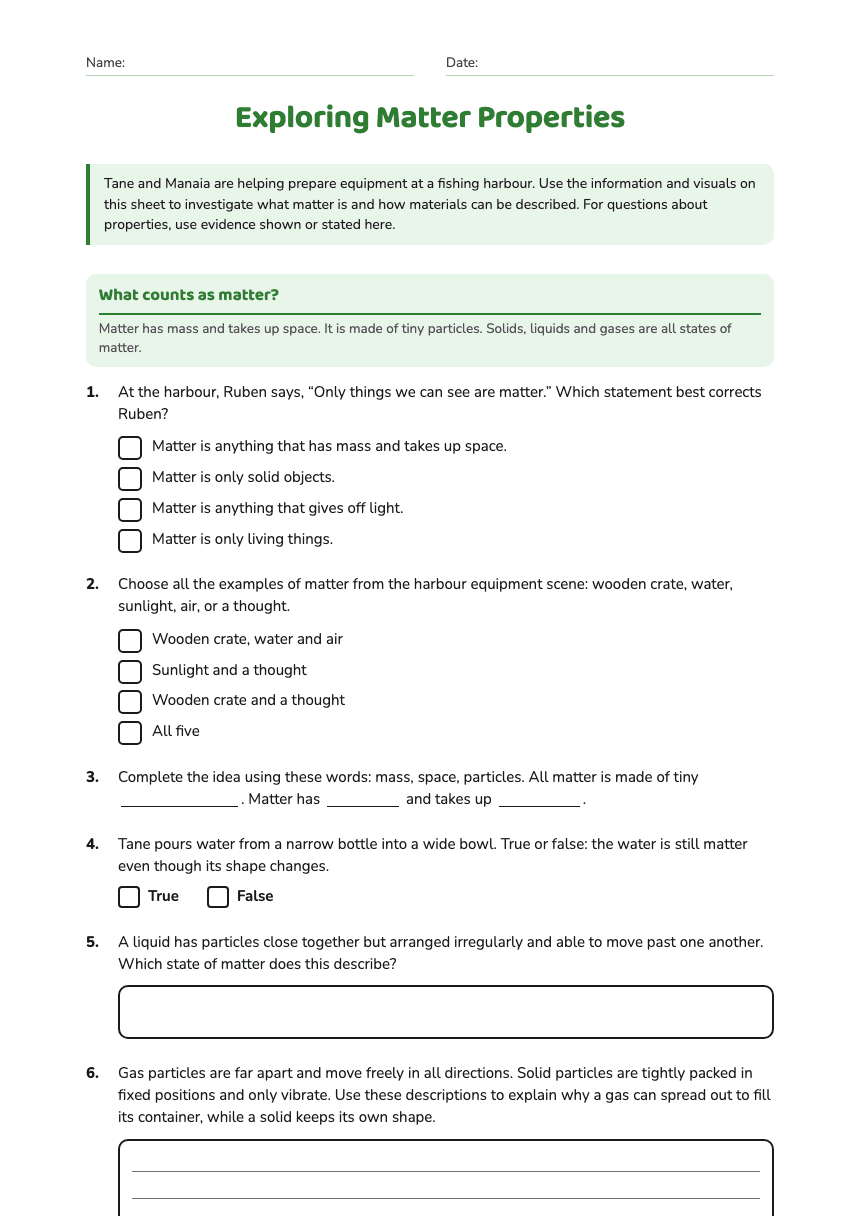 Exploring Matter Properties worksheet preview