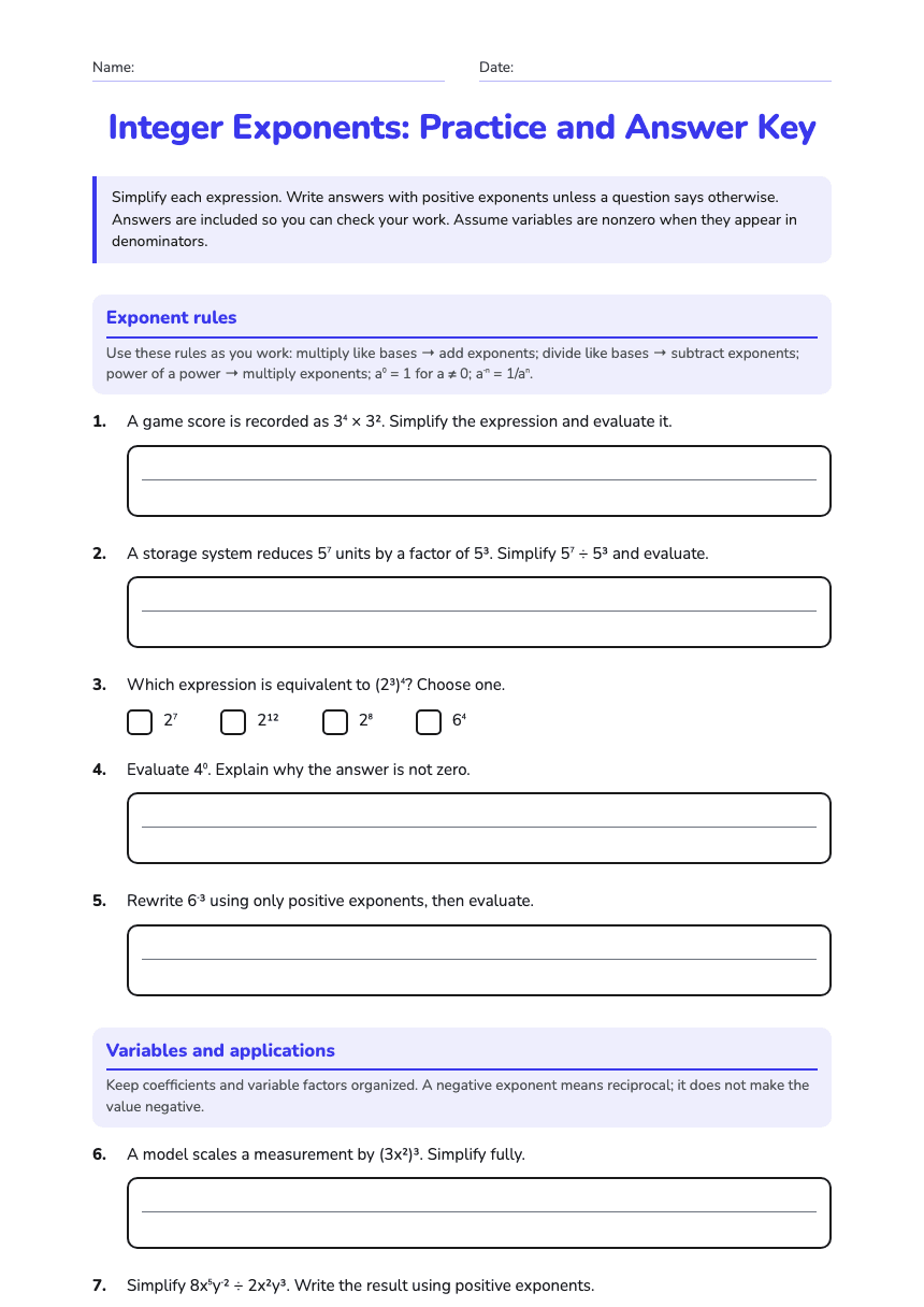 Integer Exponents: Practice and Answer Key worksheet preview