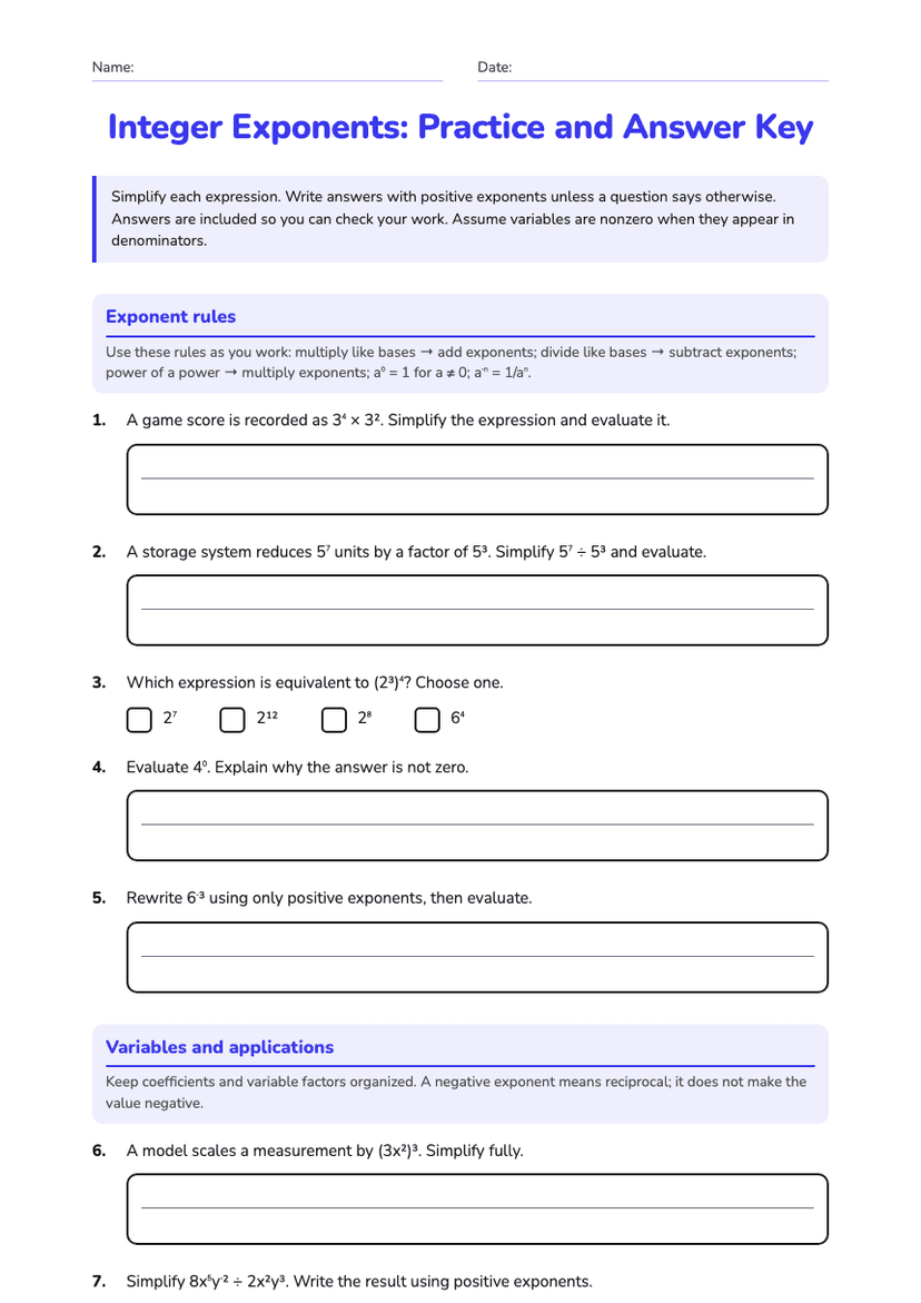 Integer Exponents: Practice and Answer Key