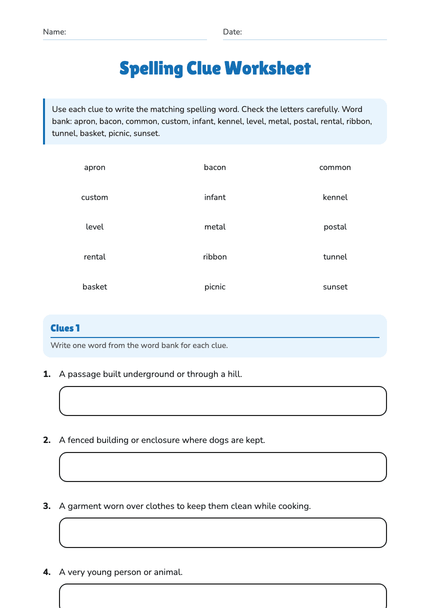Spelling Clue Worksheet worksheet preview