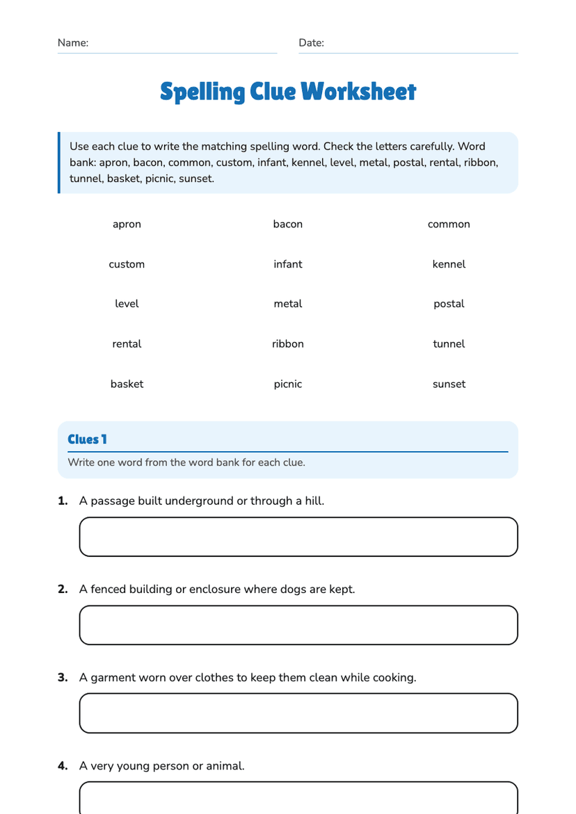 Spelling Clue Worksheet